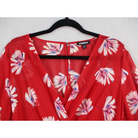 Express Red Floral Chiffon Long Sleeve Romper Surplice Wrap Tie Waist Womens M - Picture 3 of 14